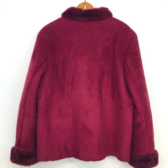 Maroon Faux Suede Burgundy Faux Fur Lined Button Up Holiday Jacket - Picture 8 of 16
